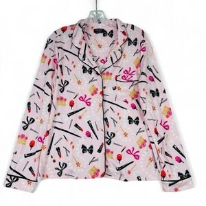 Kate Spade New York Pink Makeup Print Pajama Top Button Front Size L KS92267T